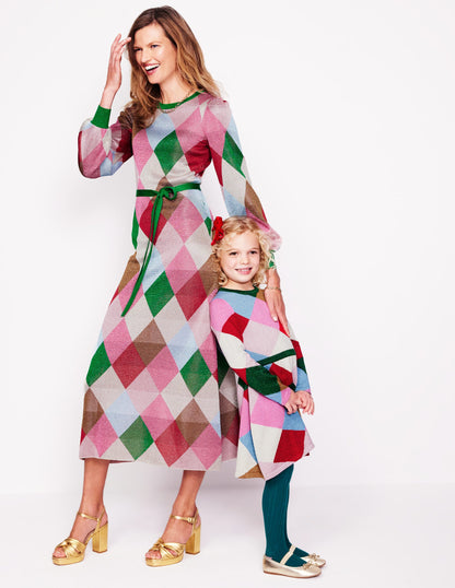 Sparkle Knitted Dress-Rainbow Argyle