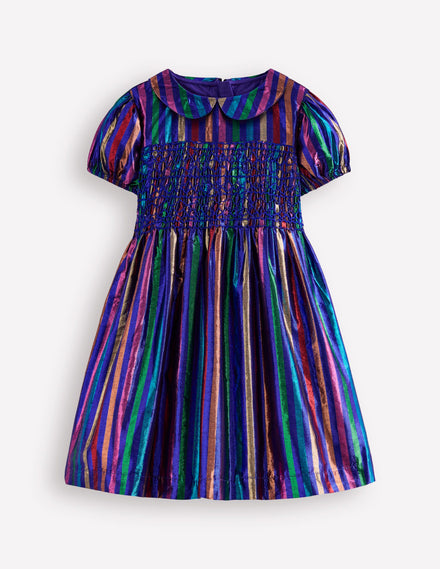 Metallic Smocked Party Dress-Multi Lurex Stripe