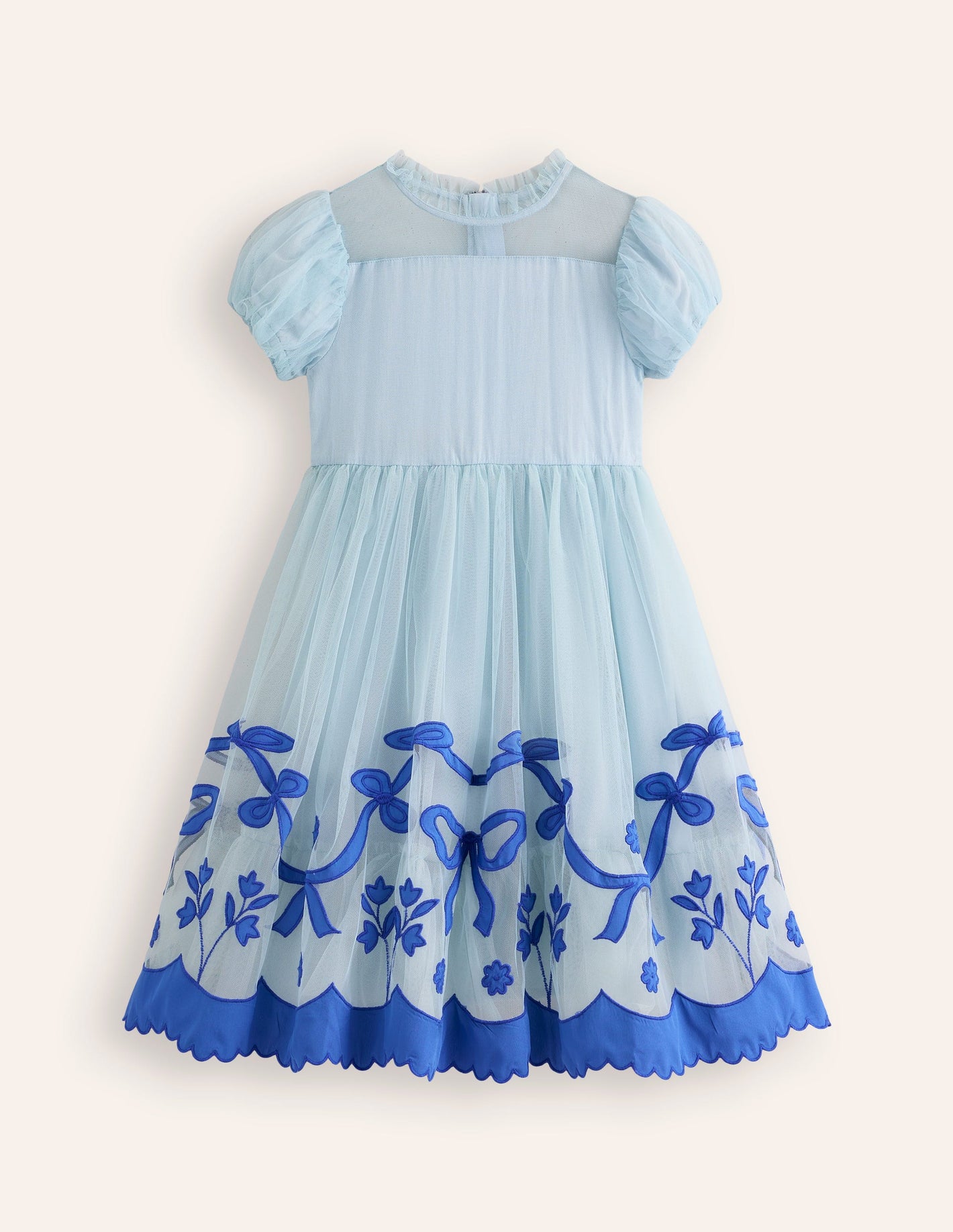 Appliqué Hem Tulle Dress-Vintage Blue Bows