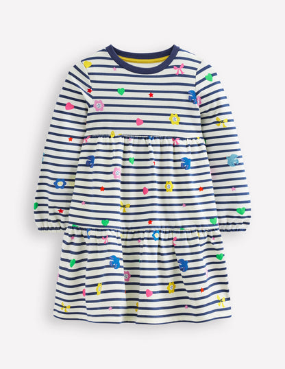 Tiered Sweatshirt Dress -Navy/ Ivory Stripe