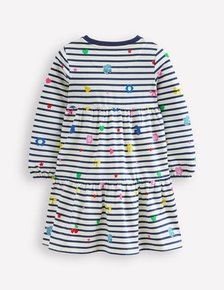 Tiered Sweatshirt Dress-Navy/ Ivory Stripe