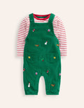 Cord Novelty Dungaree Set-Jewel Green Embroidery