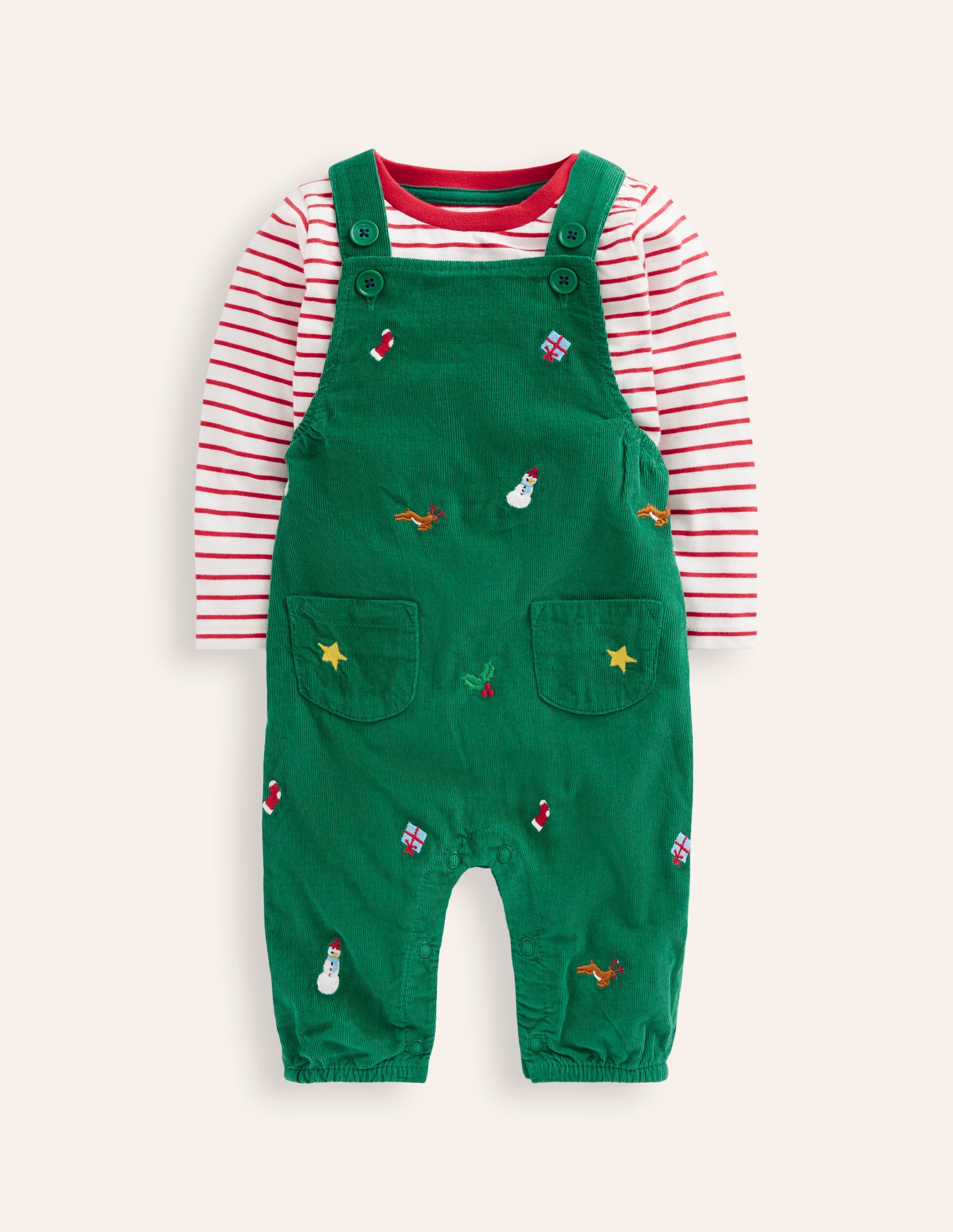 Cord Novelty Dungaree Set-Jewel Green Embroidery - Image 1