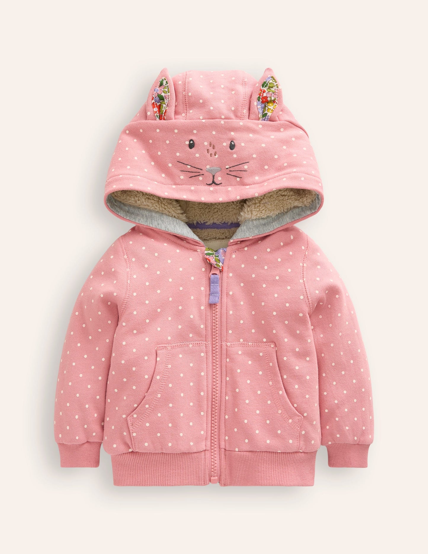 Novelty Shaggy Lined Hoody-Almond Pink Bunny