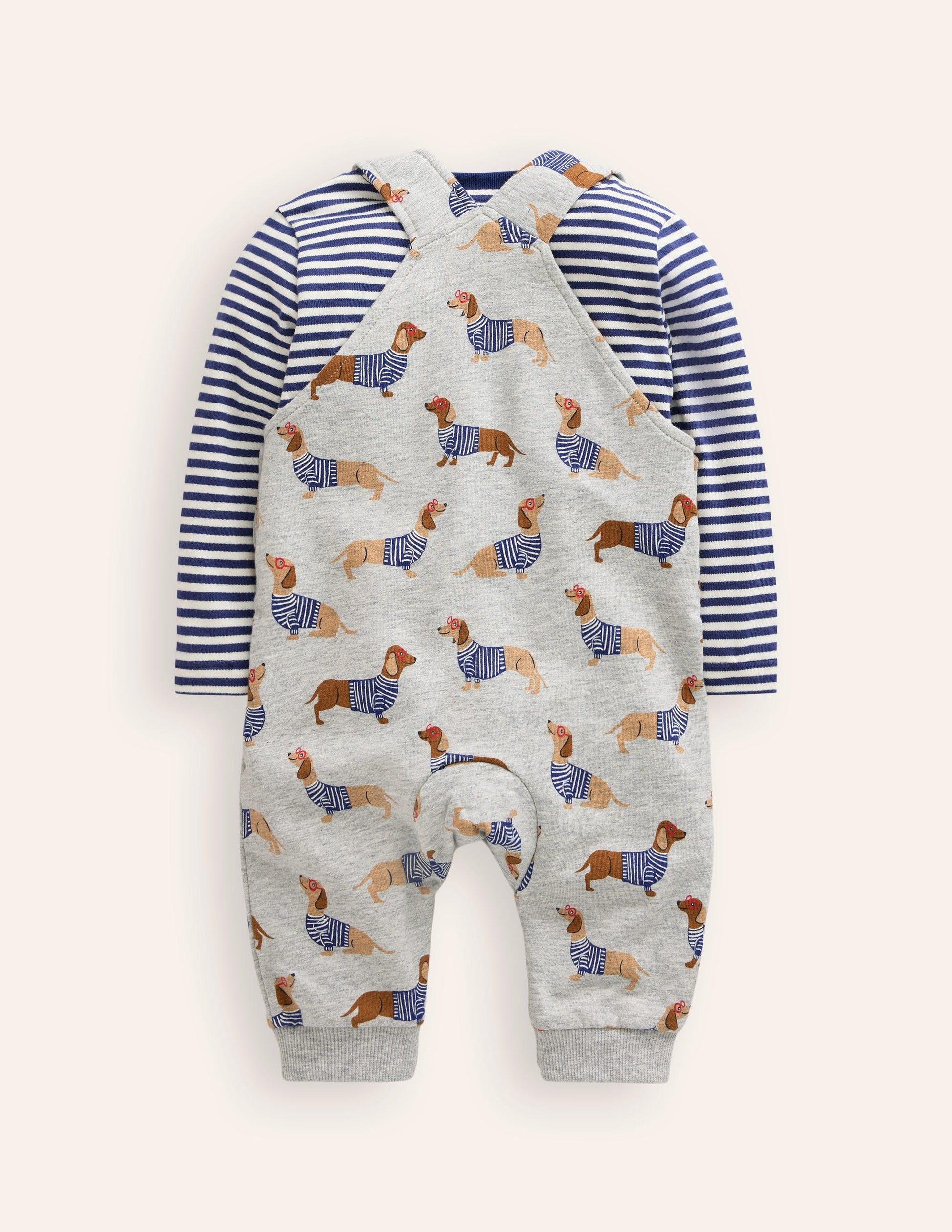 Jersey Dungarees Set-Grey Sausage Dogs-2