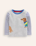Long Sleeve Applique T-shirt-Grey Marl Sausage Dog