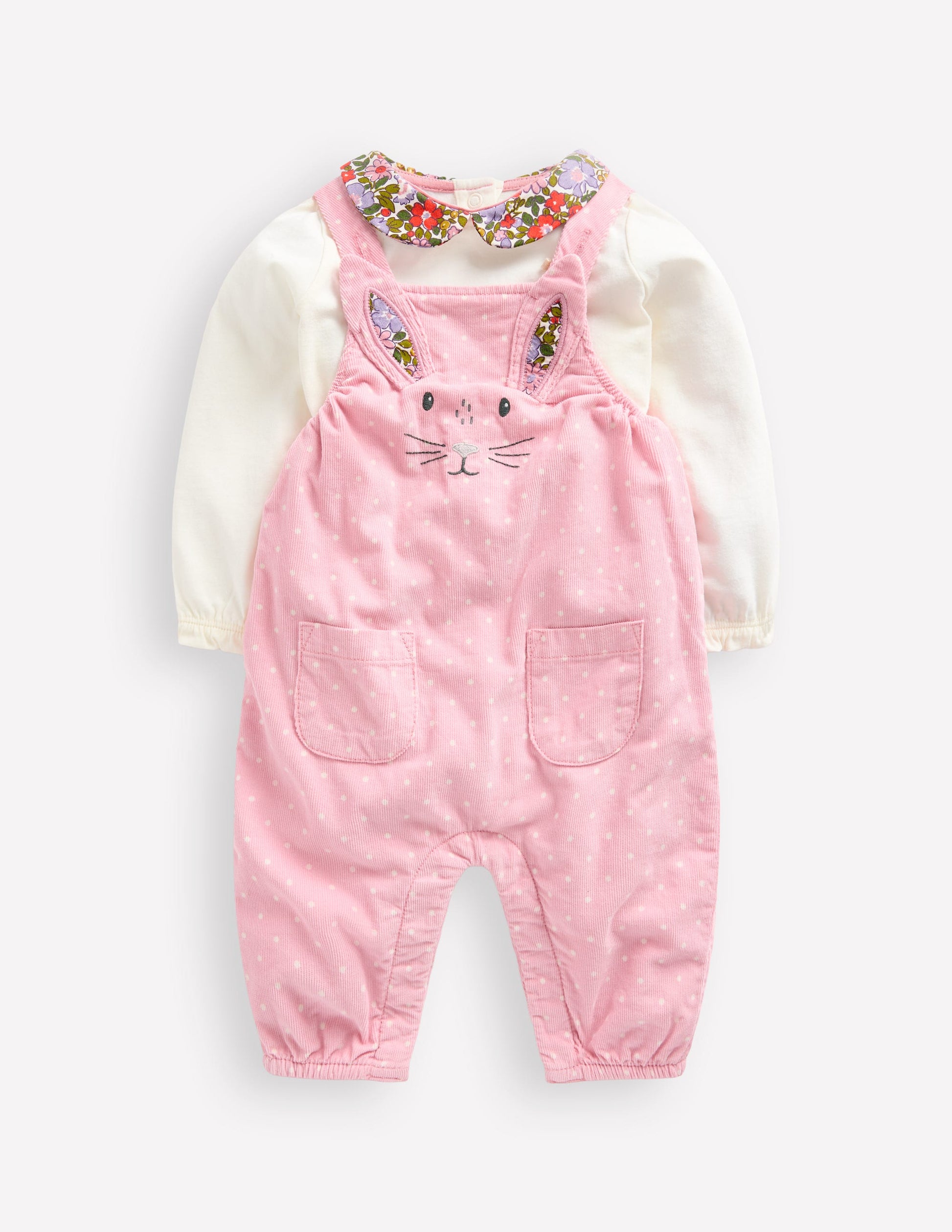 Cord Dungaree Set-Almond Pink Pin Spot Bunny-1
