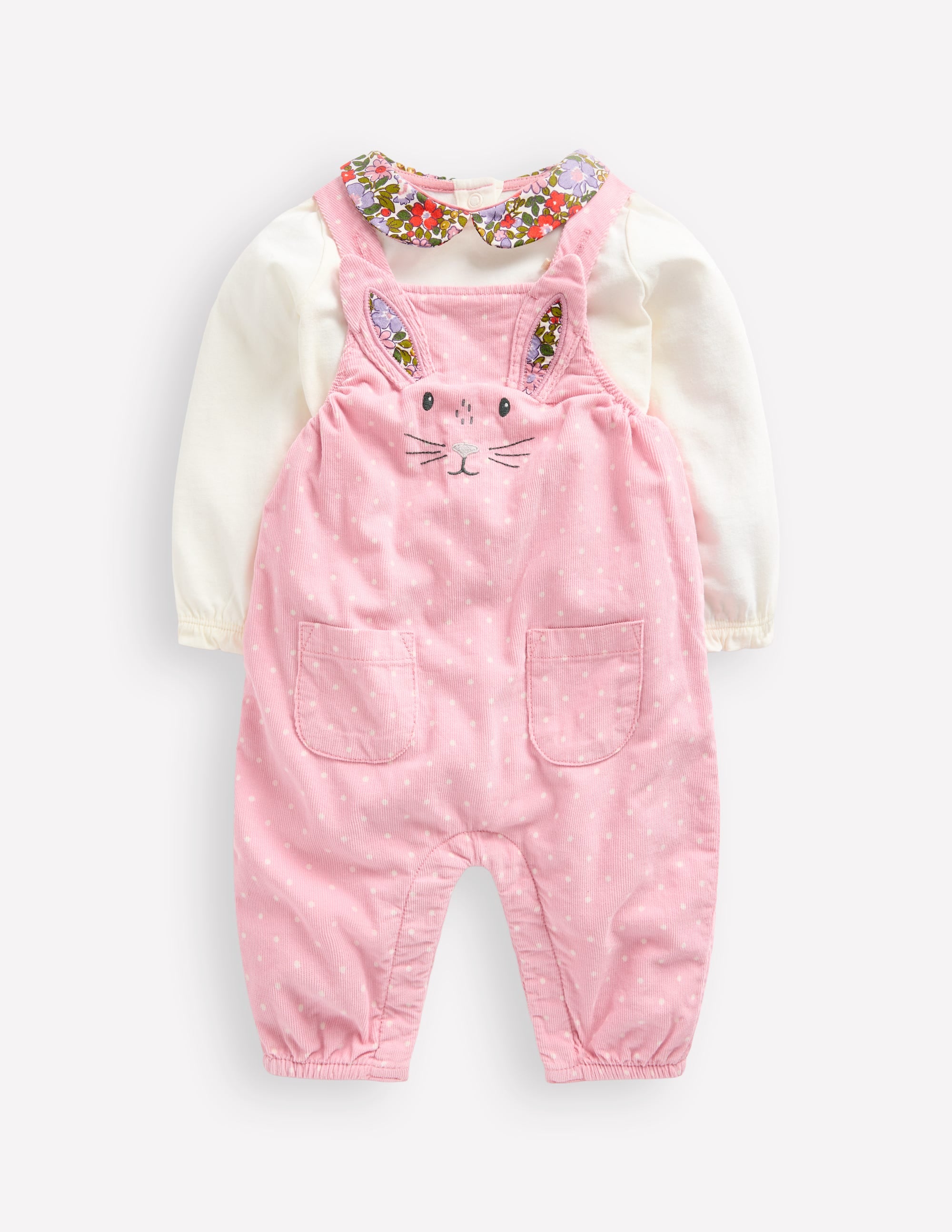 Cord Dungaree Set-Almond Pink Pin Spot Bunny - Image 1