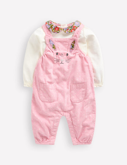 Cord Dungaree Set-Almond Pink Pin Spot Bunny-1