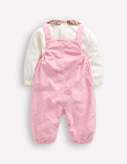 Cord Dungaree Set-Almond Pink Pin Spot Bunny-2