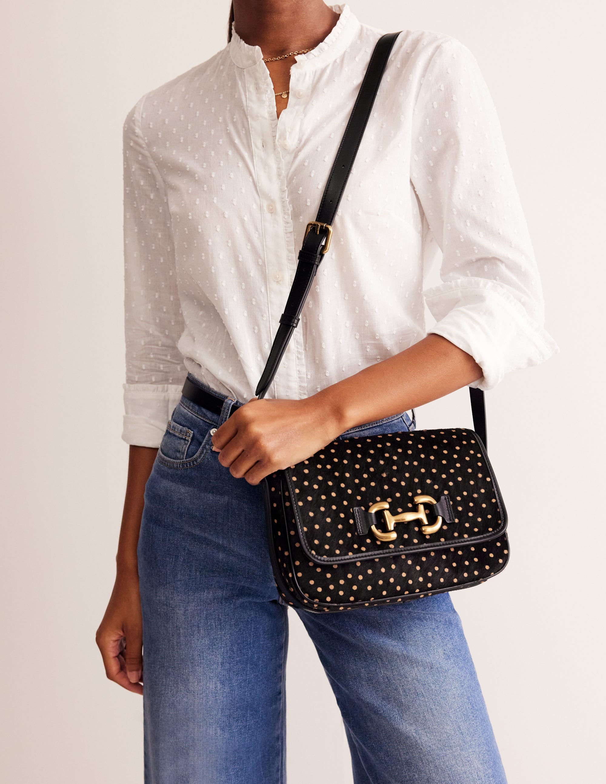 Iris Snaffle Leather Bag-Black and Camel Spot - Image 1