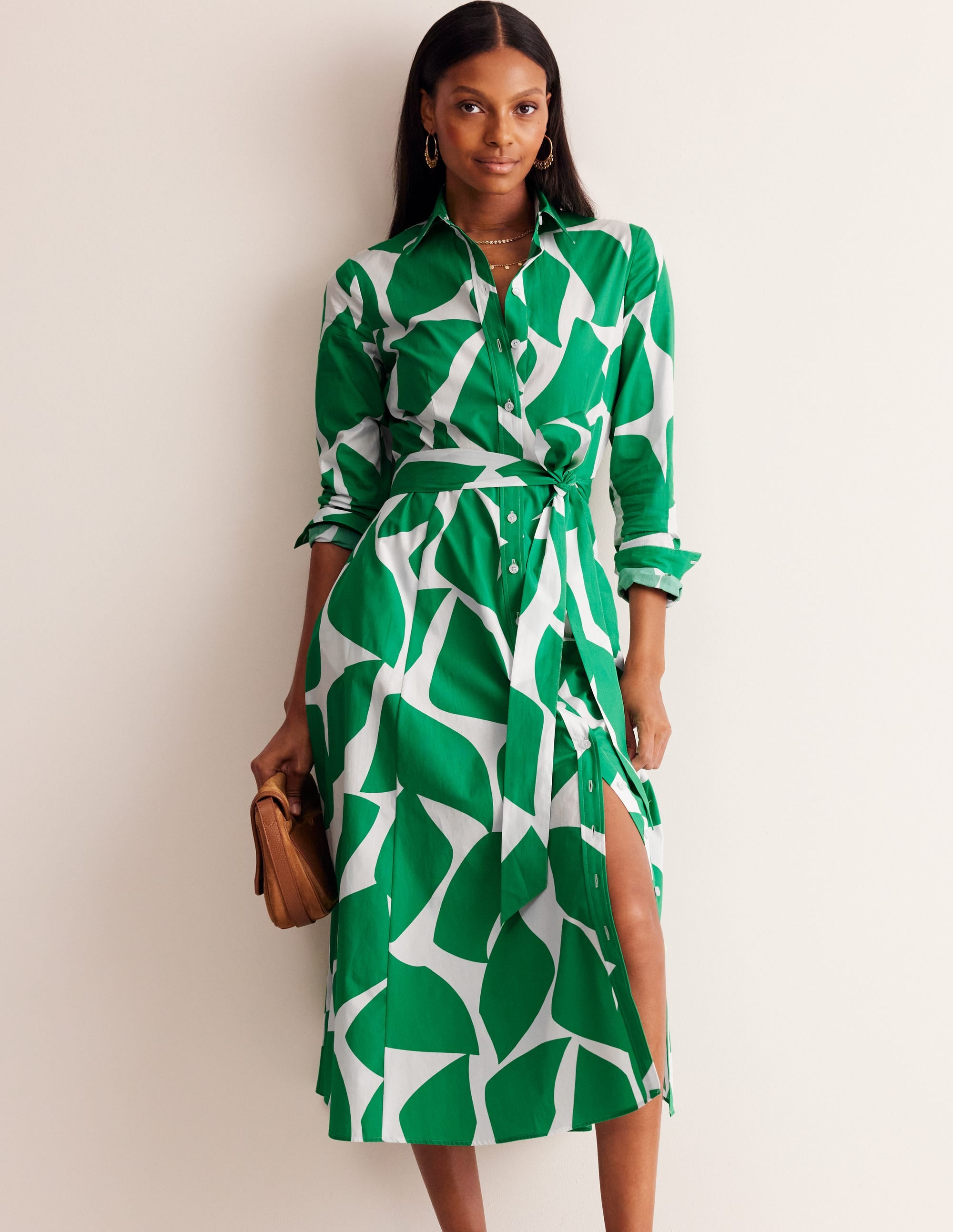 Amy Cotton Midi Shirt Dress-Green Tambourine, Terazzo - Image 1