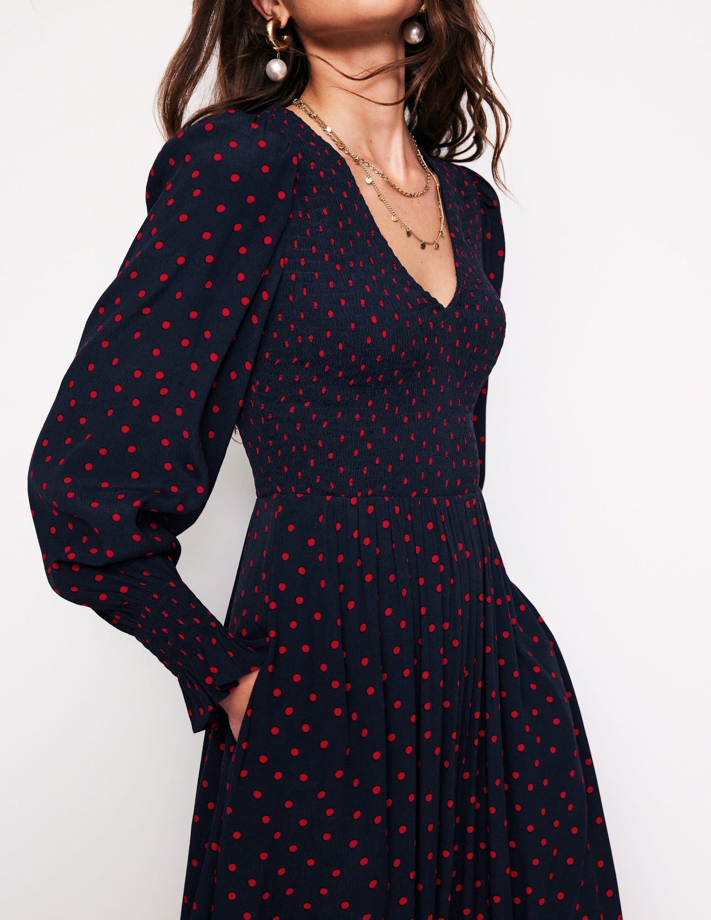 Gemma Smocked Midi Dress-High Risk Red, Abstract Dot