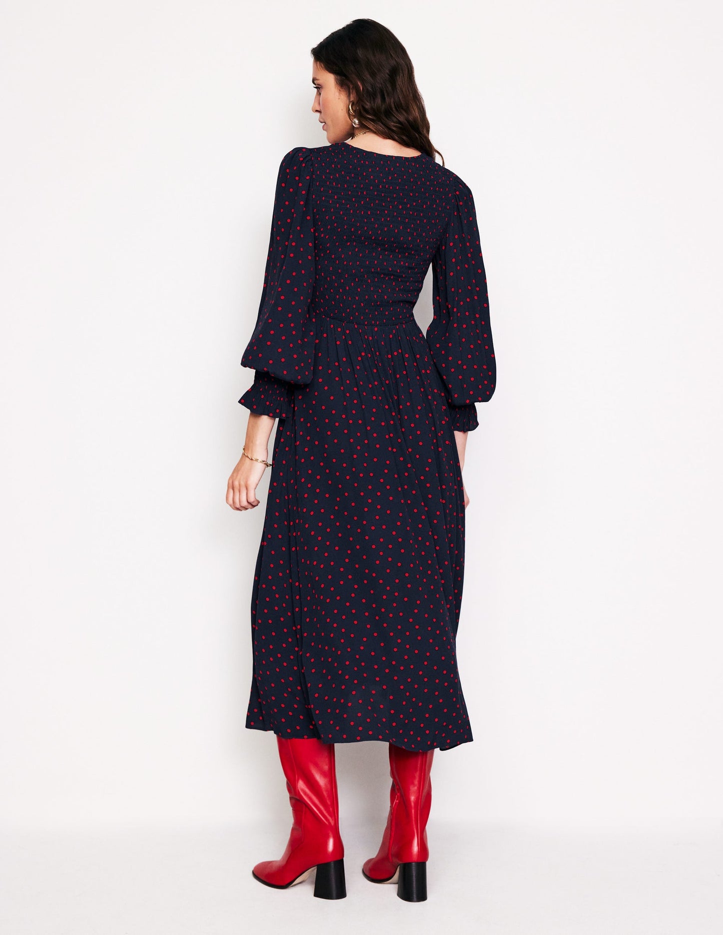 Gemma Smocked Midi Dress-High Risk Red, Abstract Dot