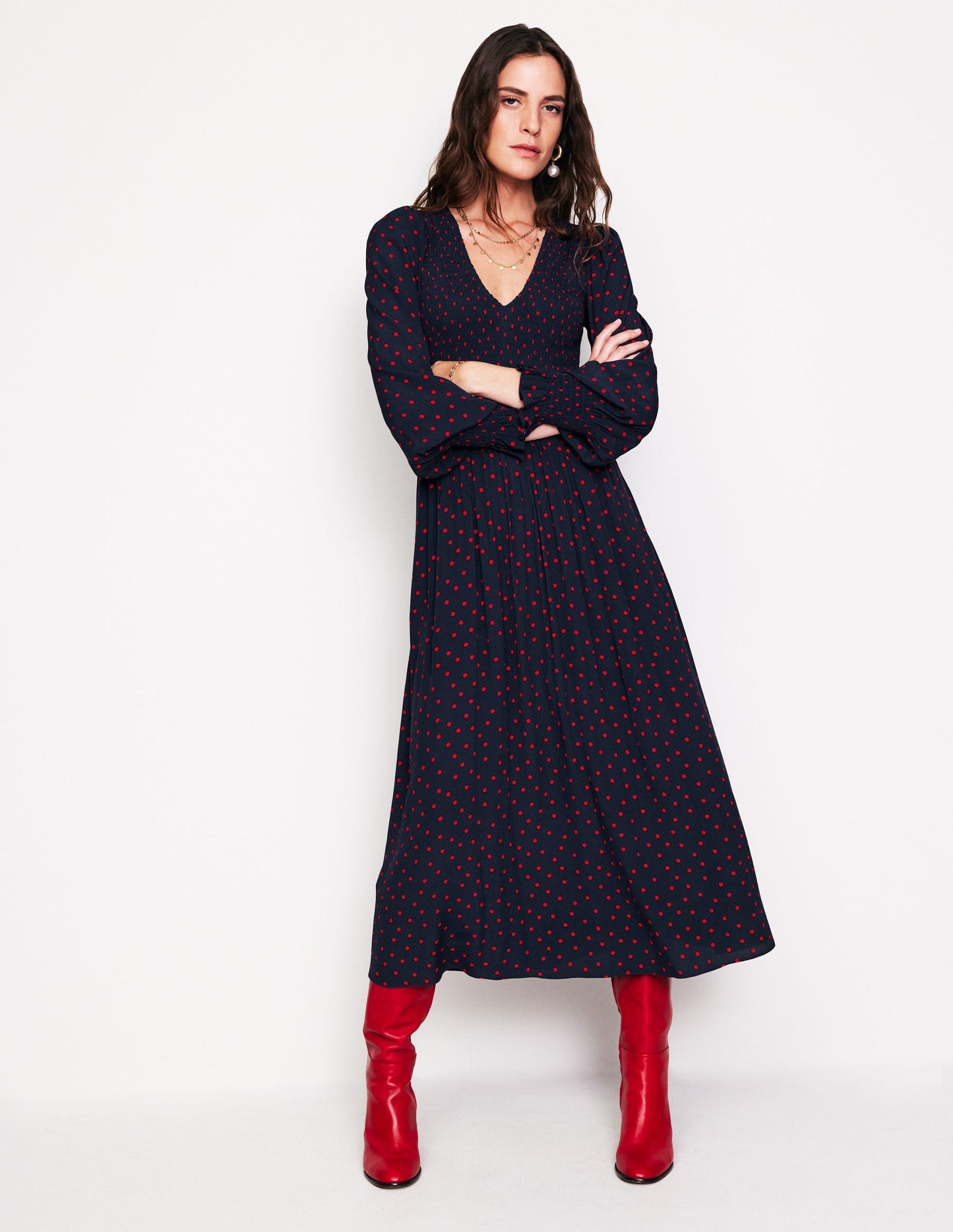 Gemma Smocked Midi Dress-High Risk Red, Abstract Dot