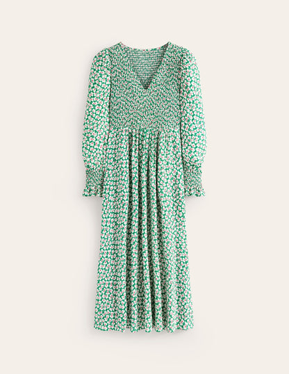 Gemma Smocked Midi Dress-Green Tambourine, Clover Whirl