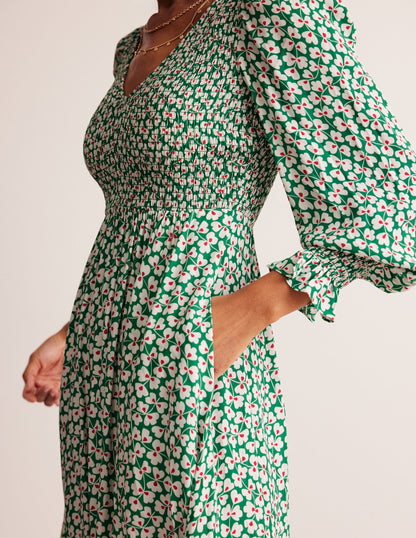 Gemma Smocked Midi Dress-Green Tambourine, Clover Whirl