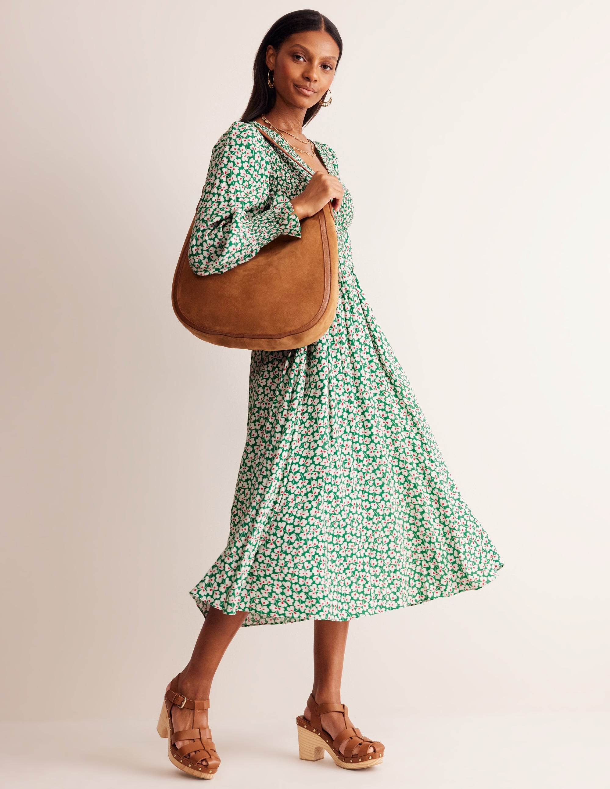 Gemma Smocked Midi Dress-Green Tambourine, Clover Whirl - Image 4