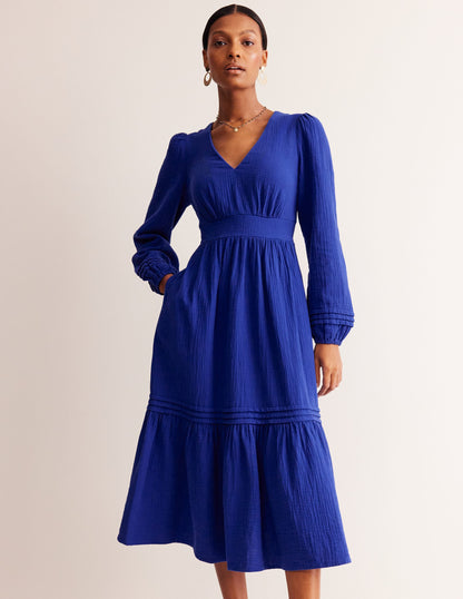 Eve Sleeved Double Cloth Dress-Mazarine Blue