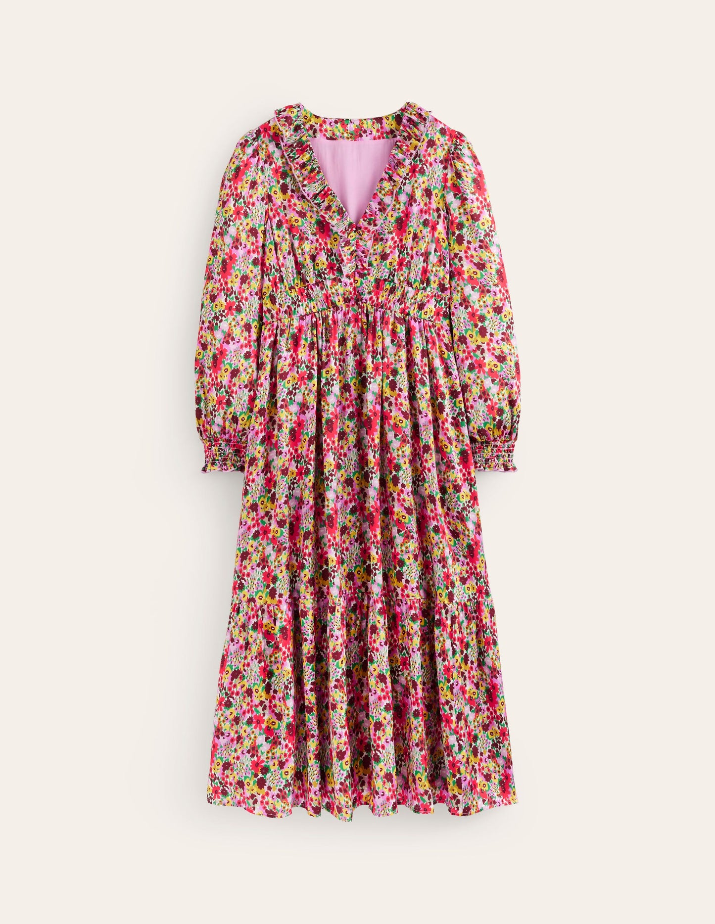 Shirred Ruffle Midi Dress-Multi, Meadow Pop