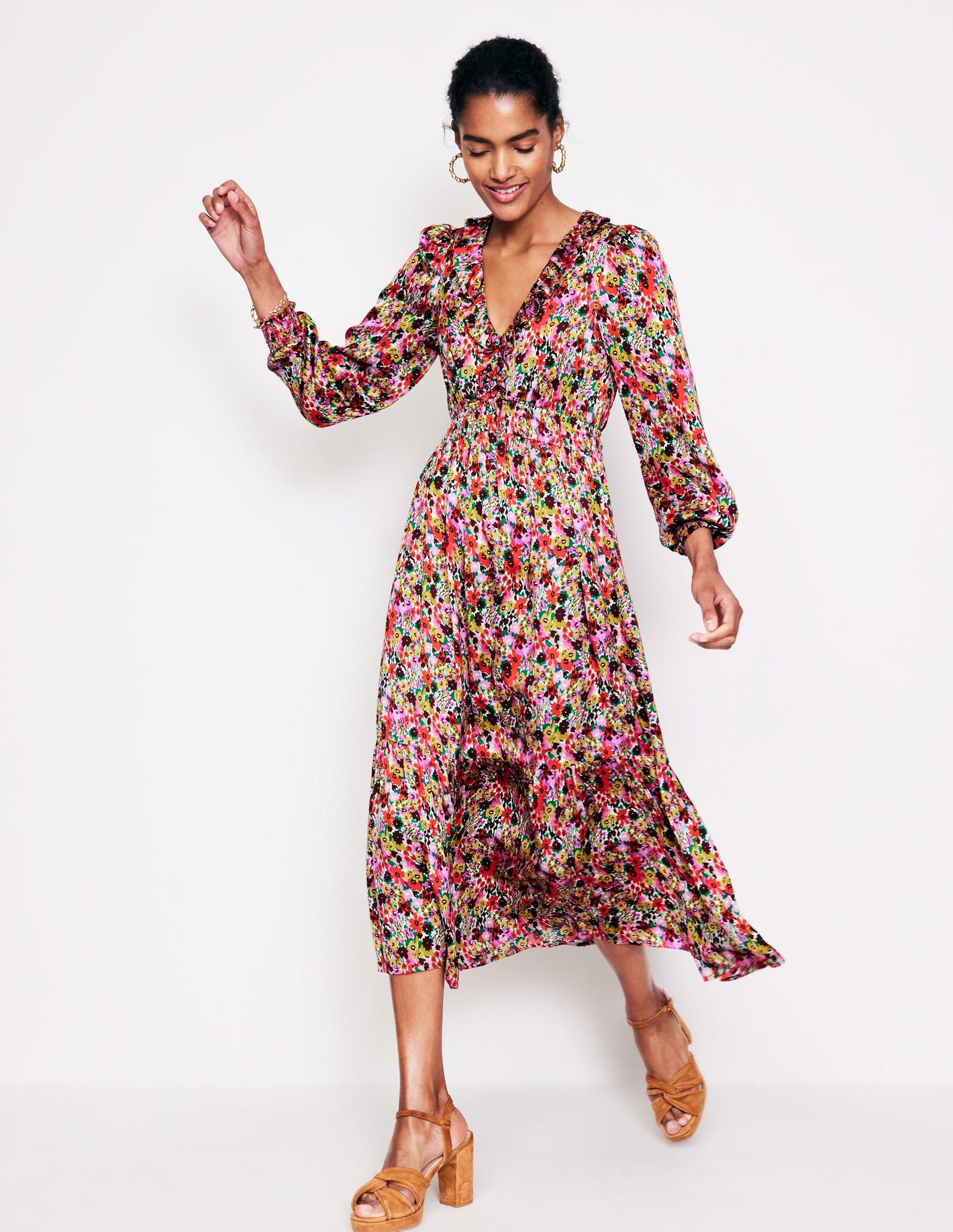 Shirred Ruffle Midi Dress-Multi, Meadow Pop