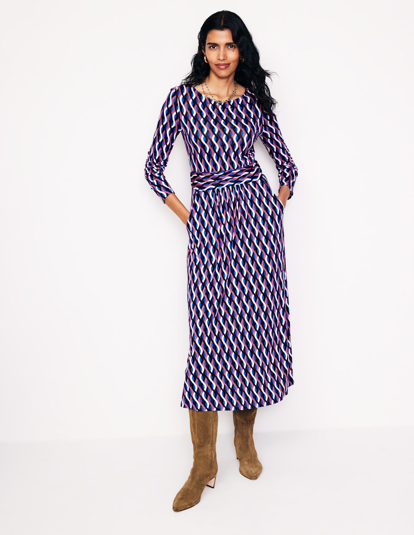 Amelie Long Sleeve Midi Dress-Kingfisher Blue, Trellis Wave