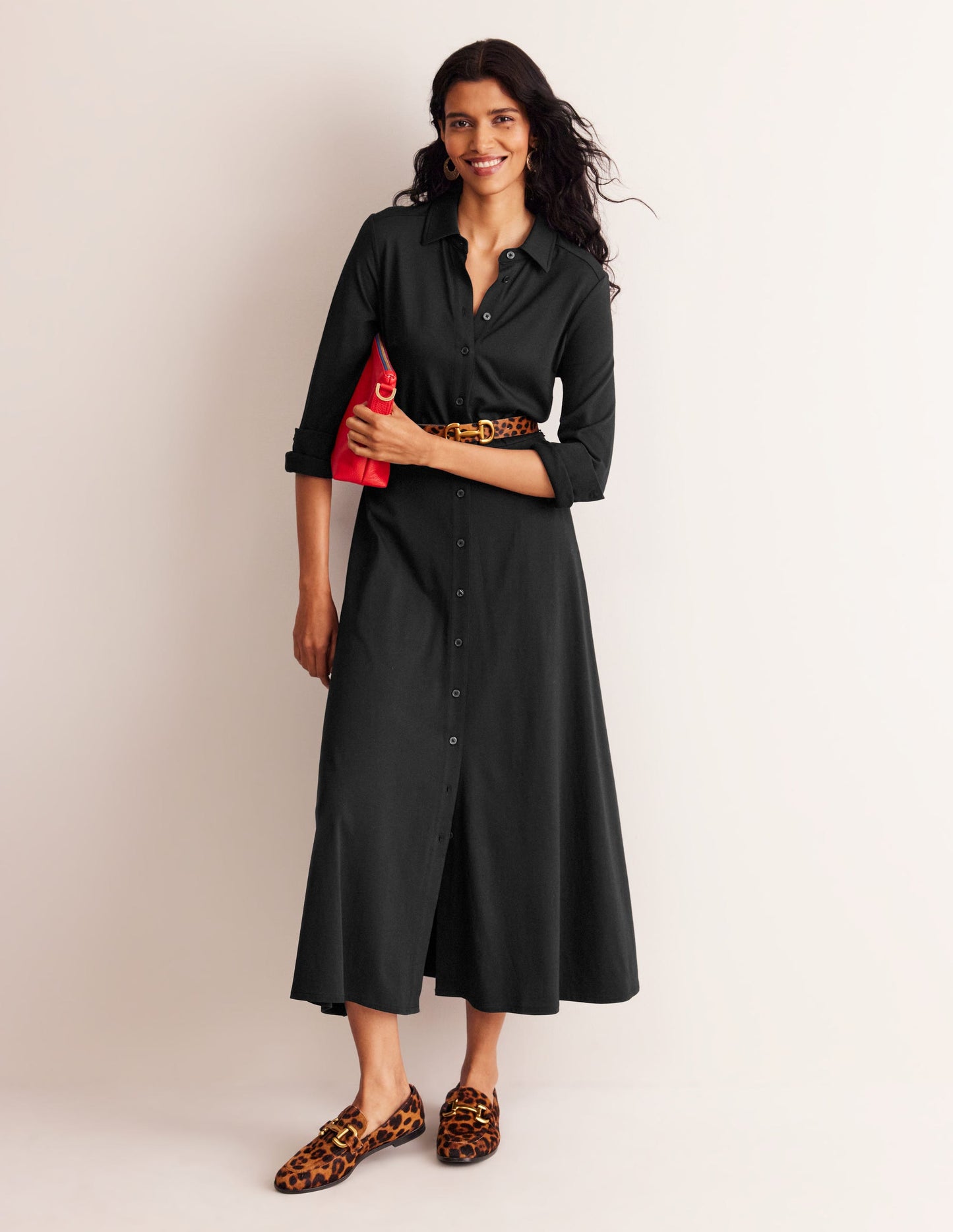 Marcia Jersey Midi Shirt Dress-Black