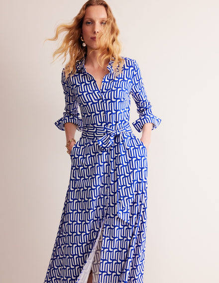 Marcia Jersey Shirt Dress-Sapphire Blue, Falling Geo