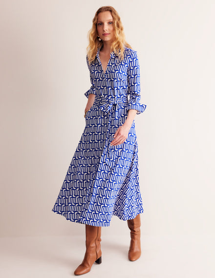 Marcia Jersey Shirt Dress-Sapphire Blue, Falling Geo