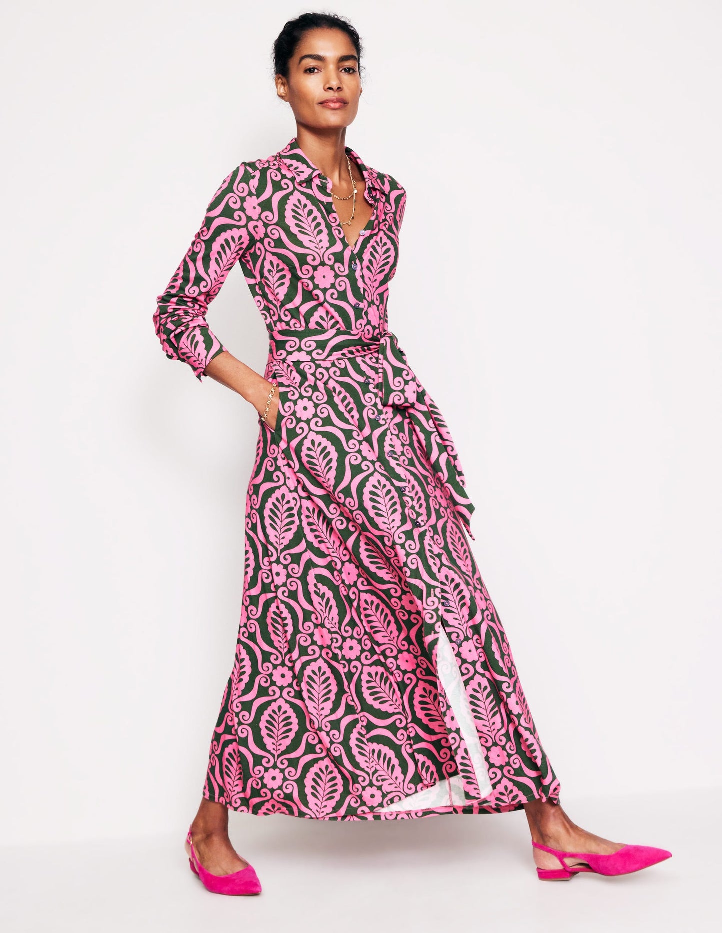 Marcia Jersey Midi Shirt Dress-Party Pink, Foliage Stamp