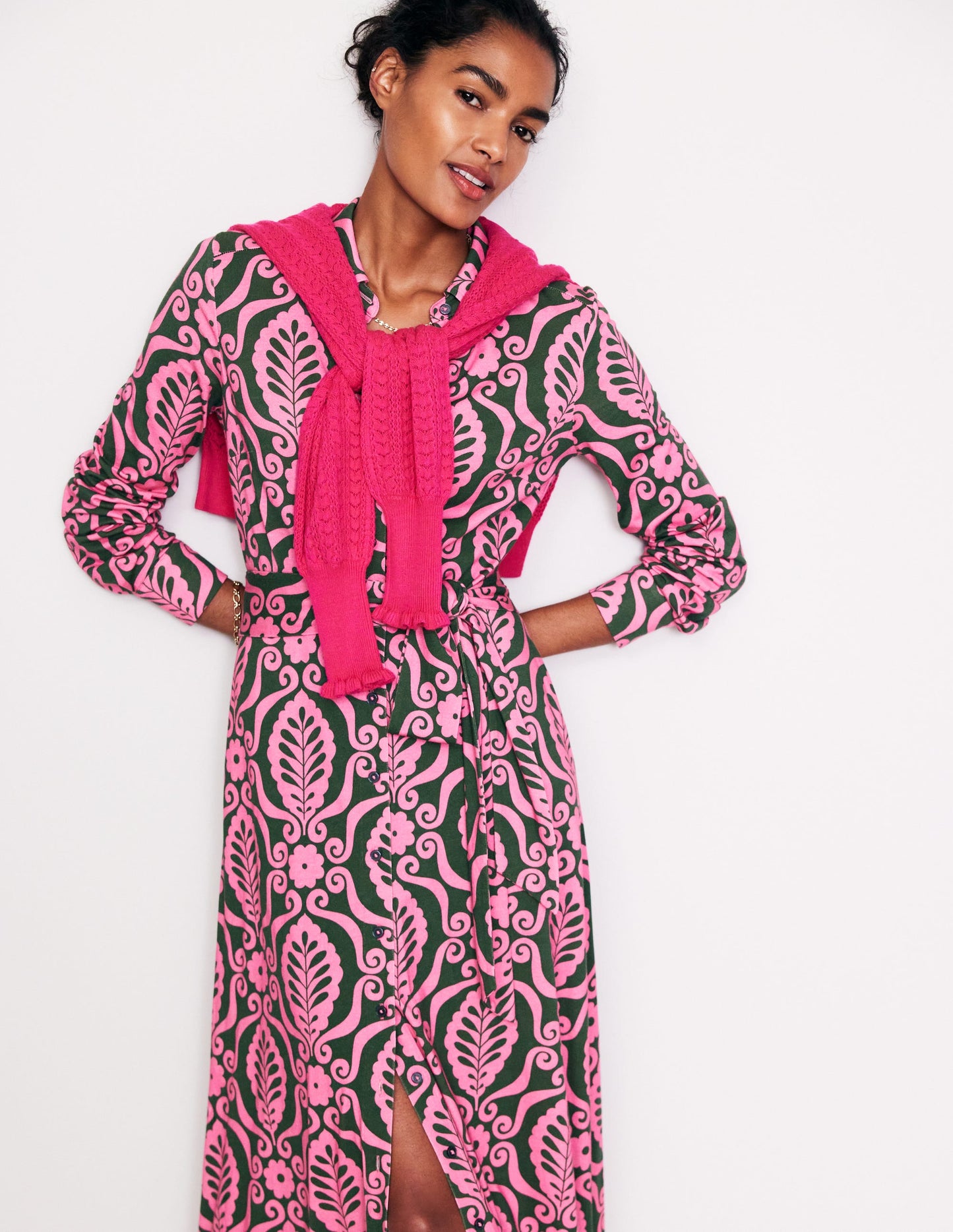 Marcia Jersey Midi Shirt Dress-Party Pink, Foliage Stamp