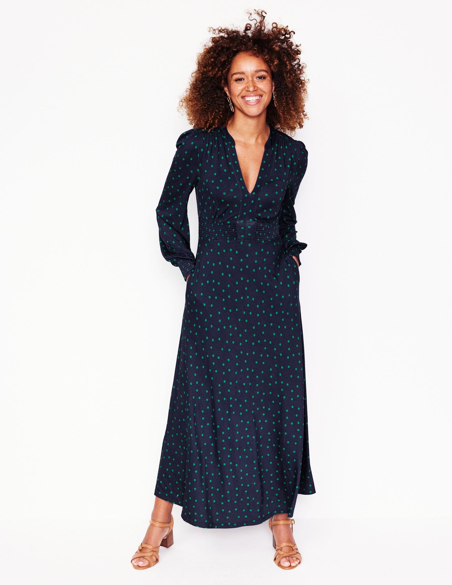 Ivy Smocked Midi Dress-Navy, Sparse Spot