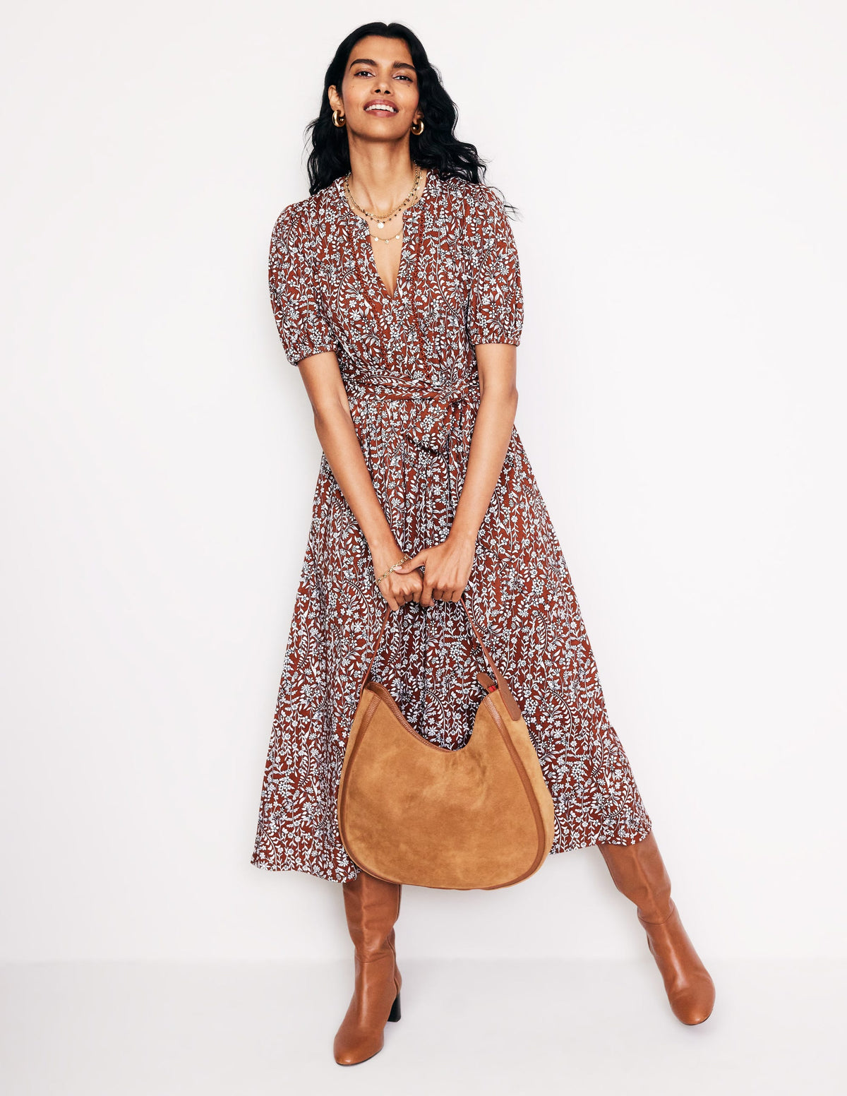 Sofia Trim Jersey Midi Dress-Autumn Brown, Foliage Bud - Image 1