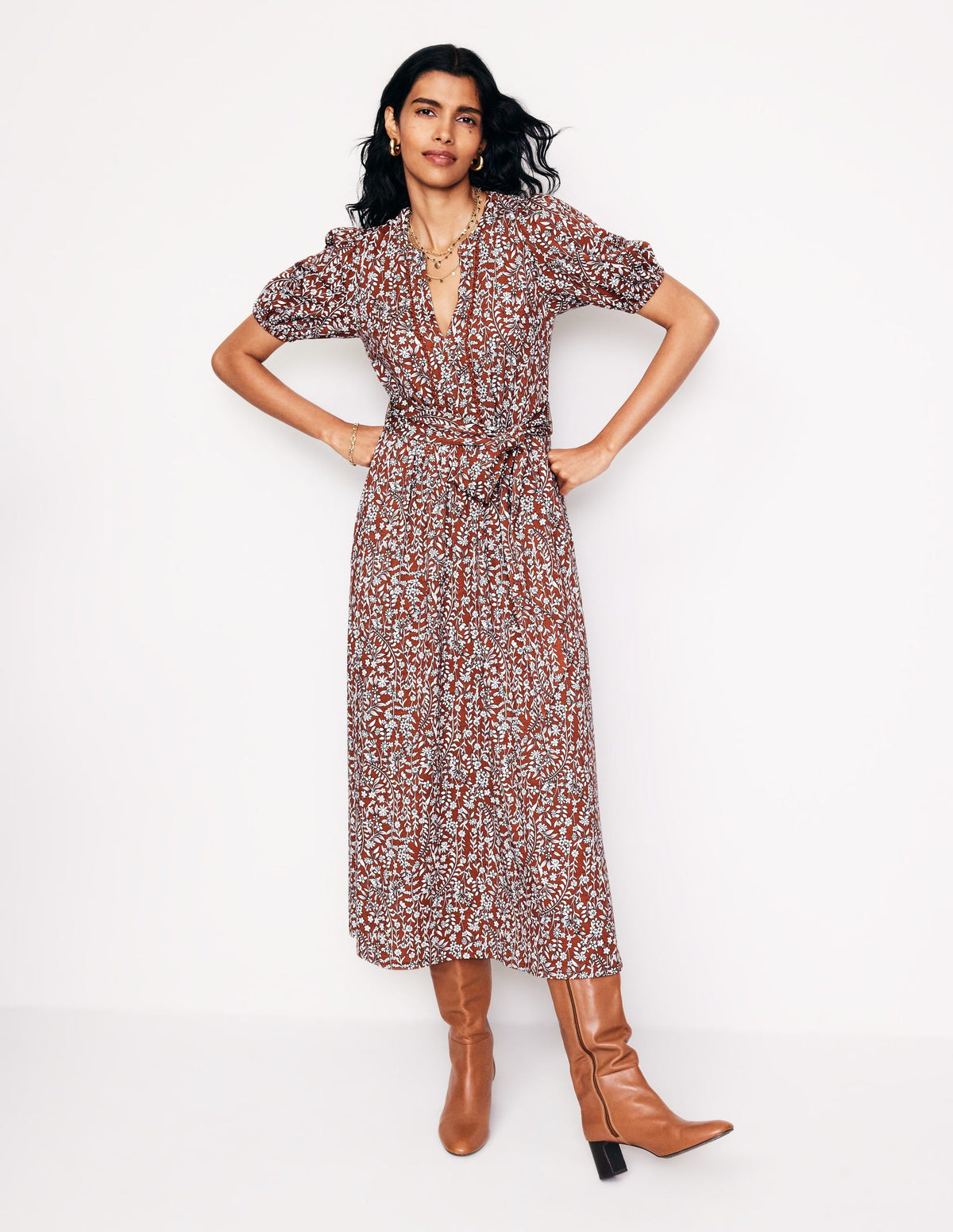 Sofia Trim Jersey Midi Dress-Autumn Brown, Foliage Bud - Image 4