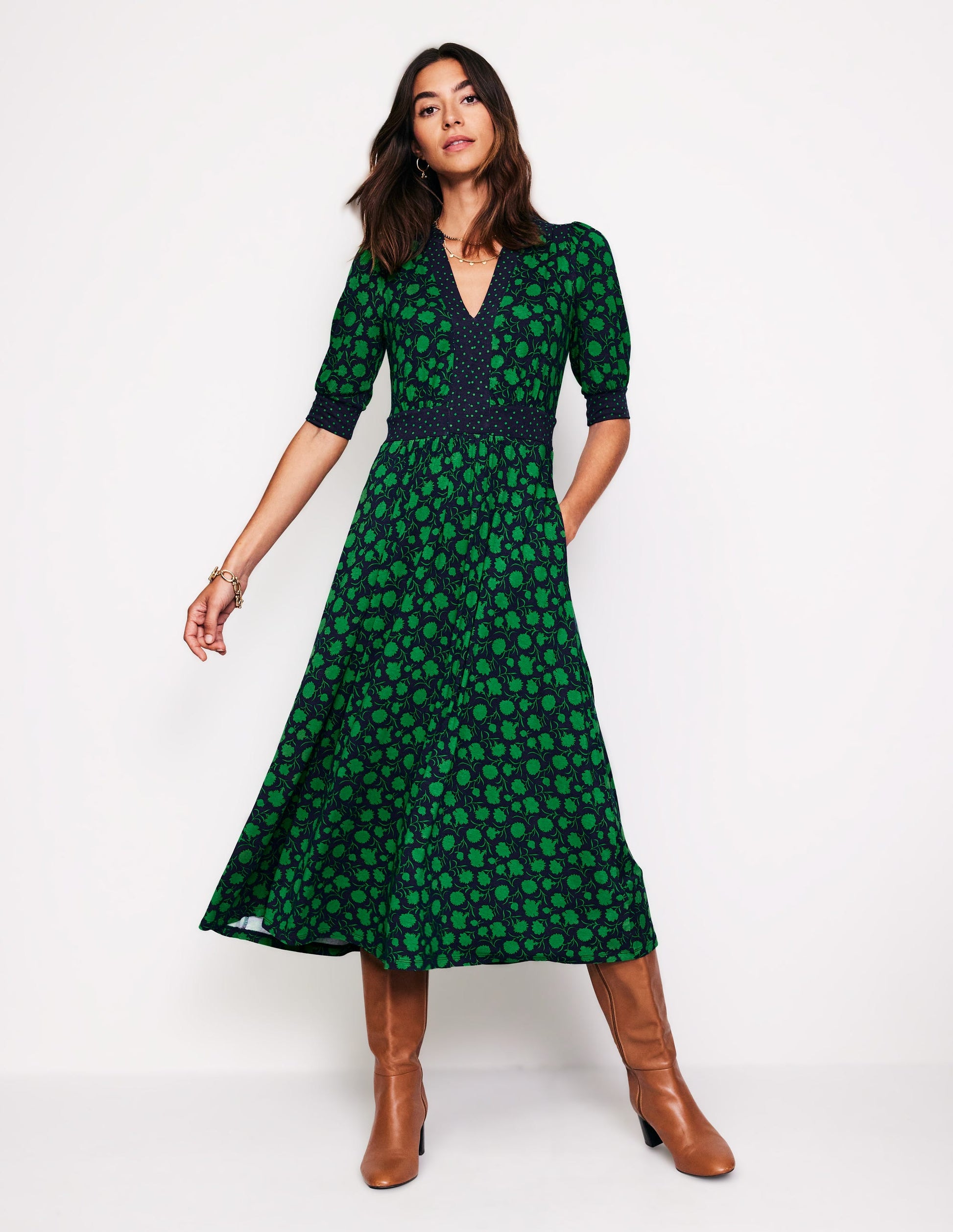 Lily Jersey Midi Tea Dress-Rich Emerald, Silhouette Sprig-2