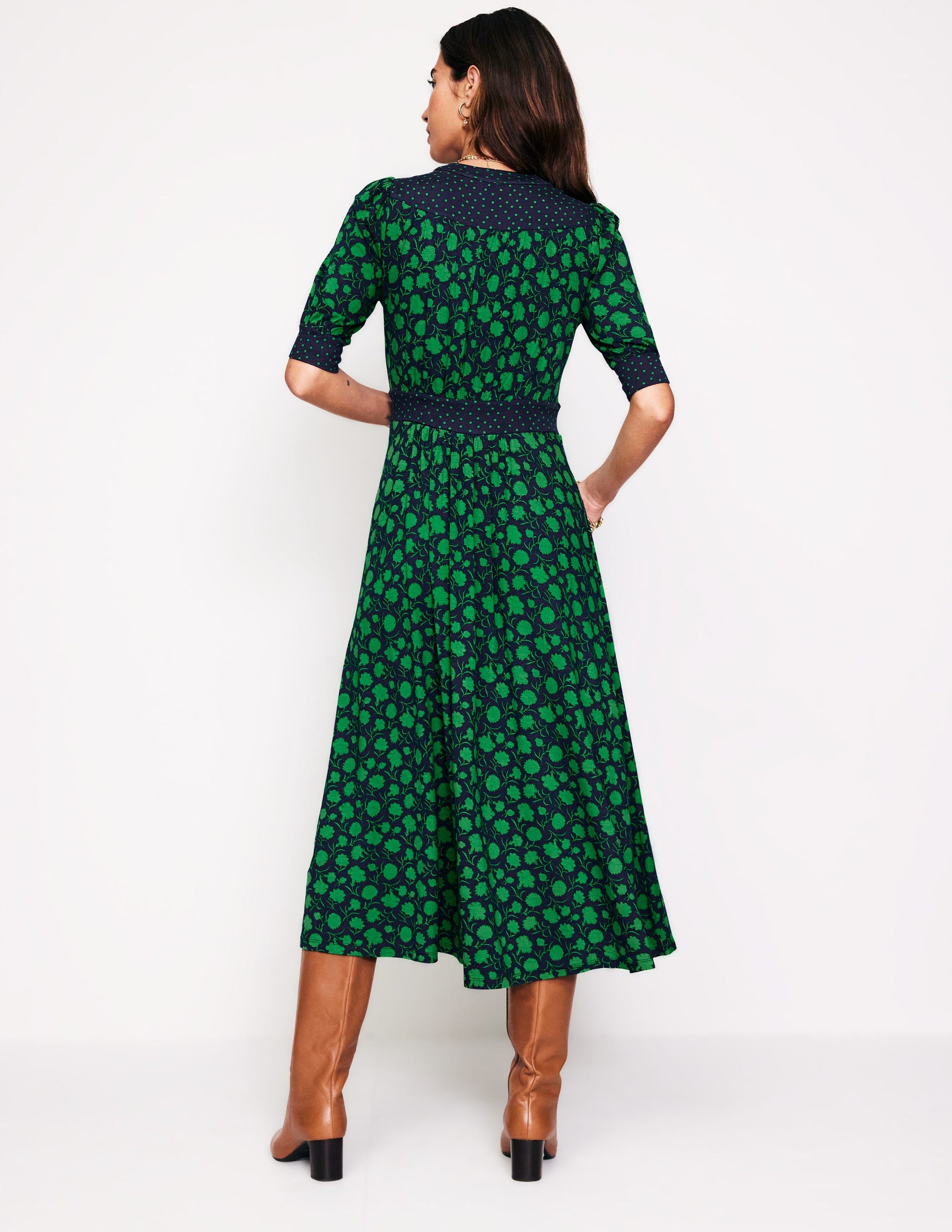 Lily Jersey Midi Tea Dress-Rich Emerald, Silhouette Sprig-4