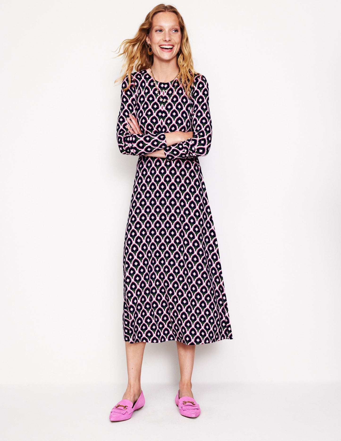 Twisted Waist Jersey Dress-Navy, Tulip Scallop