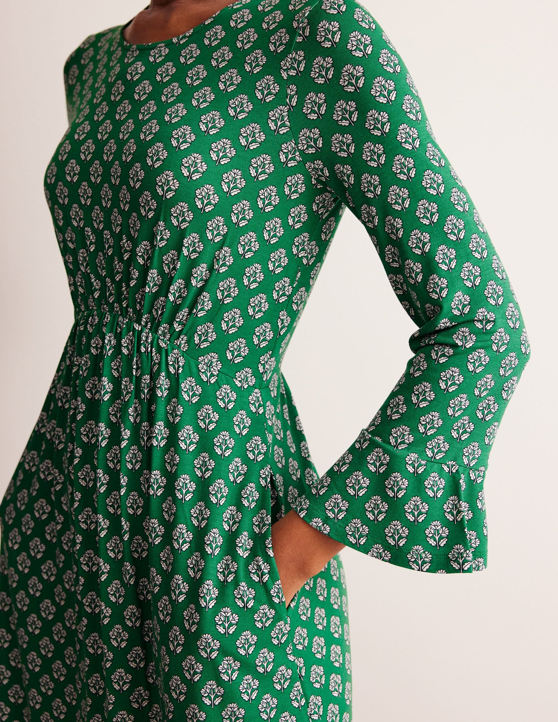 Flute Sleeve Jersey Dress-Rich Emerald, Pome Stamp-2