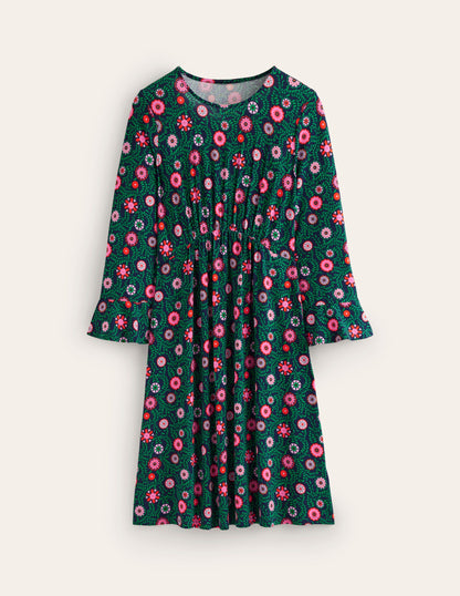 Flute Sleeve Jersey Dress-Navy, Meadow Vine-5