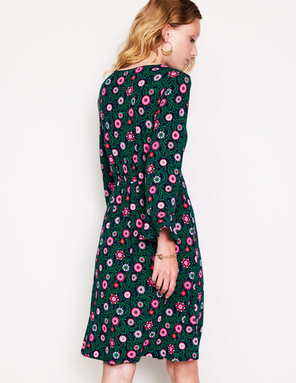 Flute Sleeve Jersey Dress-Navy, Meadow Vine-3