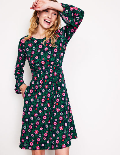 Flute Sleeve Jersey Dress-Navy, Meadow Vine-4