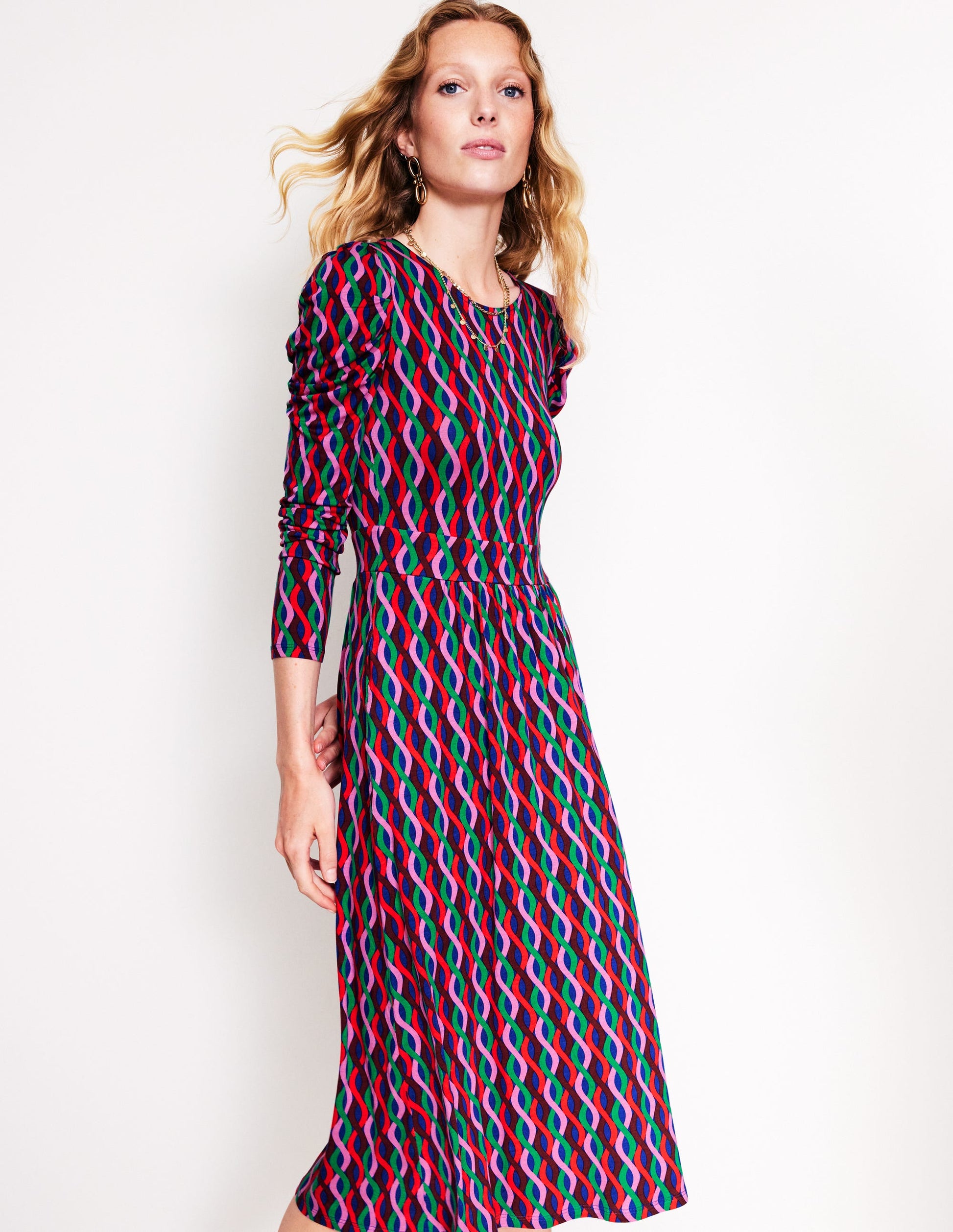 Puff Sleeve Blouson Dress-Pink, Trellis Wave-1