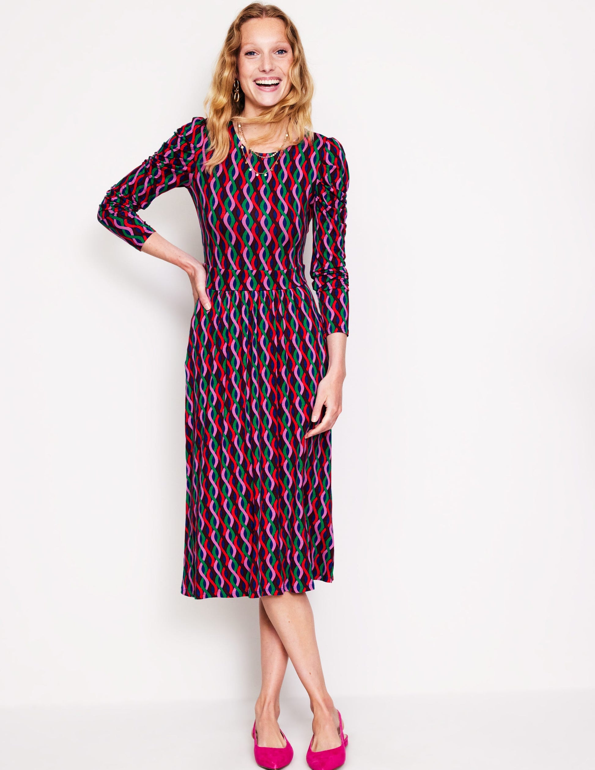 Puff Sleeve Blouson Dress-Pink, Trellis Wave-2