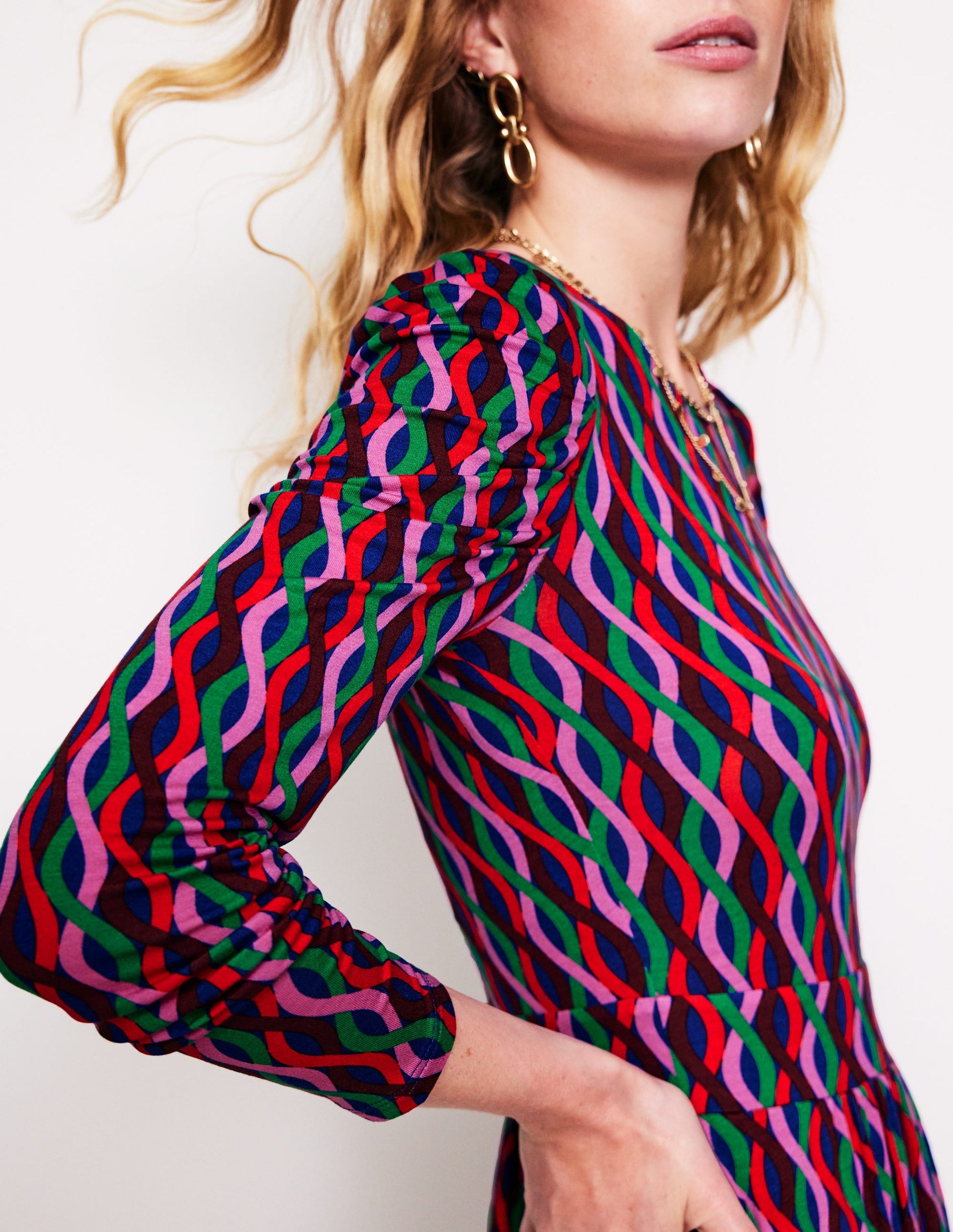 Puff Sleeve Blouson Dress-Pink, Trellis Wave-3