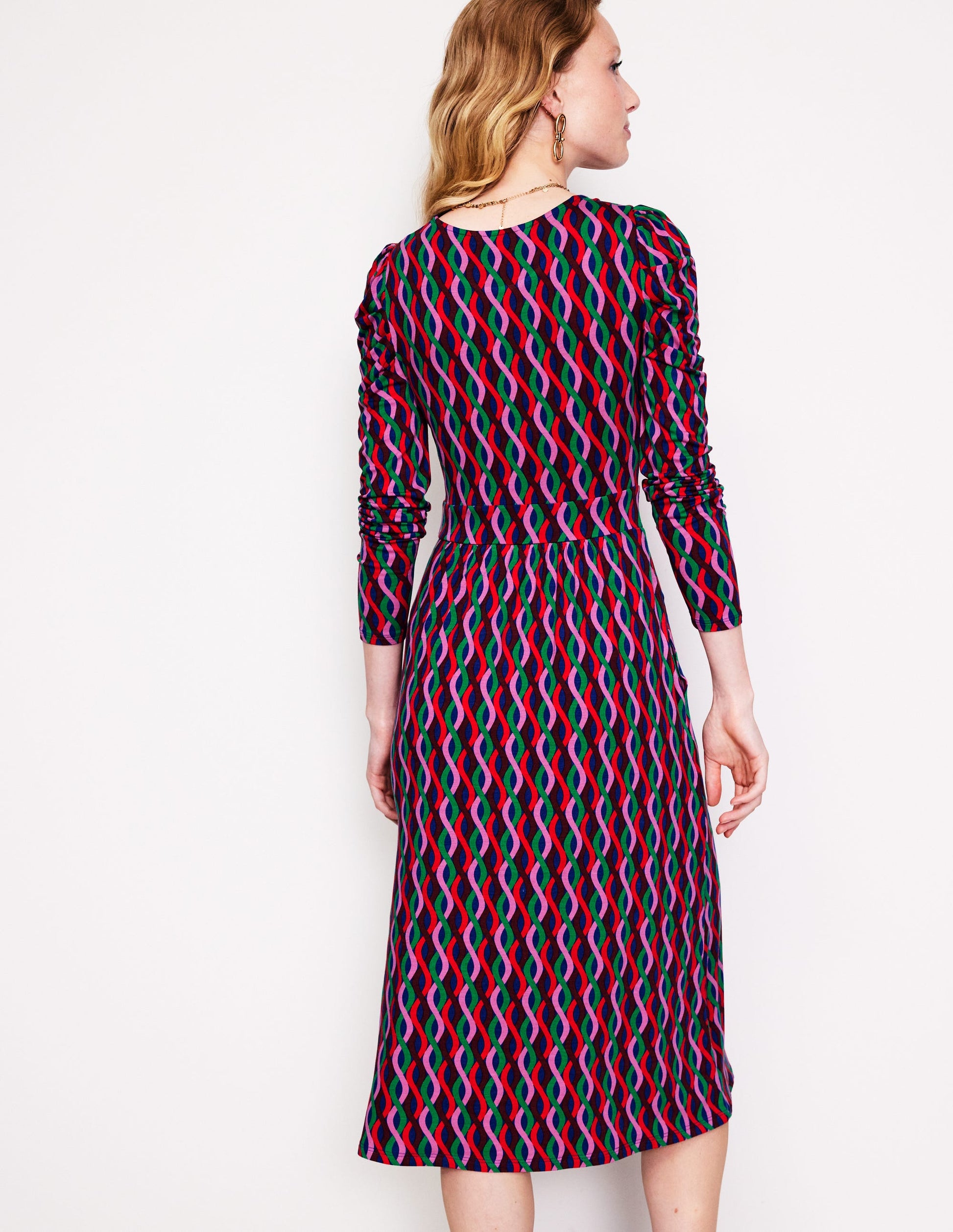 Puff Sleeve Blouson Dress-Pink, Trellis Wave-4