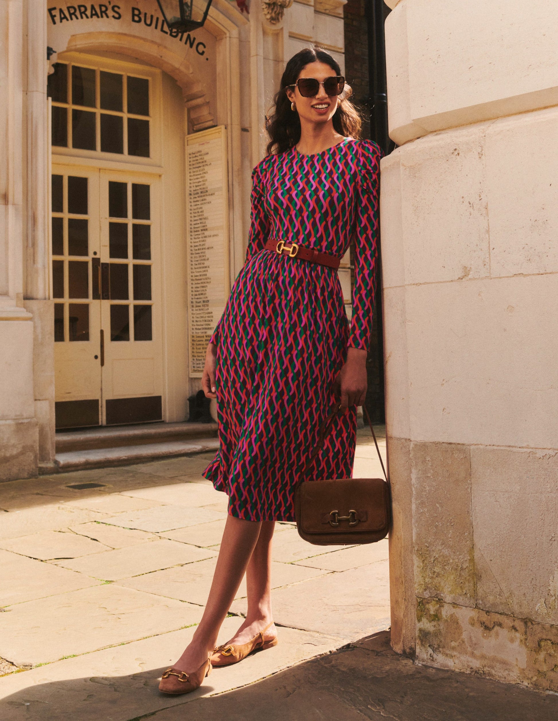 Puff Sleeve Blouson Dress-Pink, Trellis Wave-5