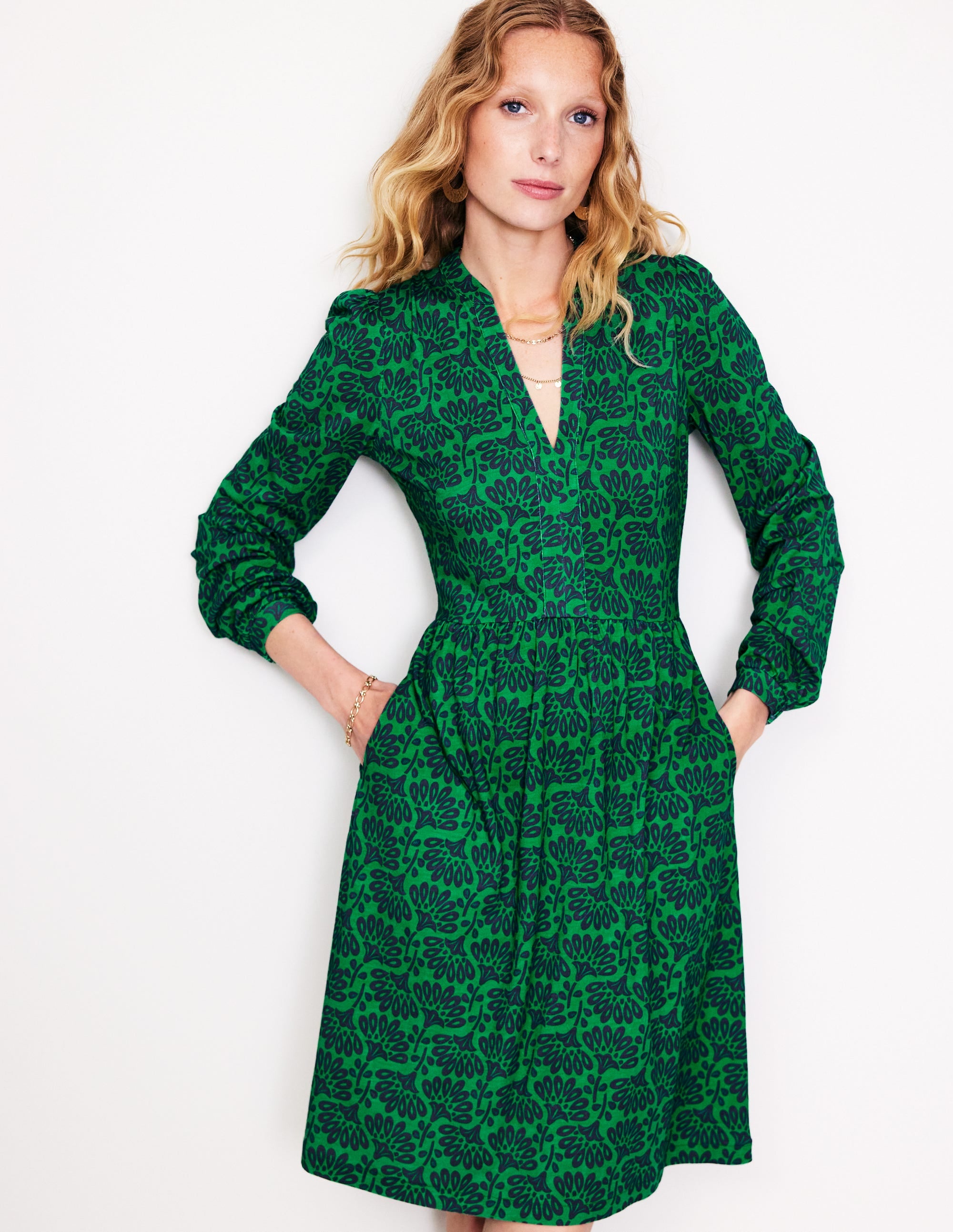 Naomi Relaxed Jersey Dress-Rich Emerald, Dandelion Sprig - Image 1
