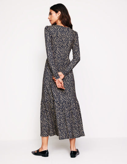 Emma Long Sleeve Jersey Dress-Macadamia, Animal Stamp