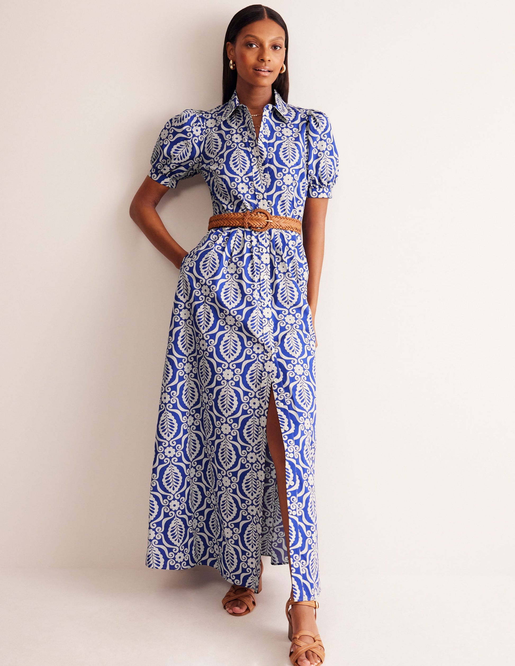 Alexa Maxi Shirt Dress-Mazarine Blue, Foliage Stamp-1