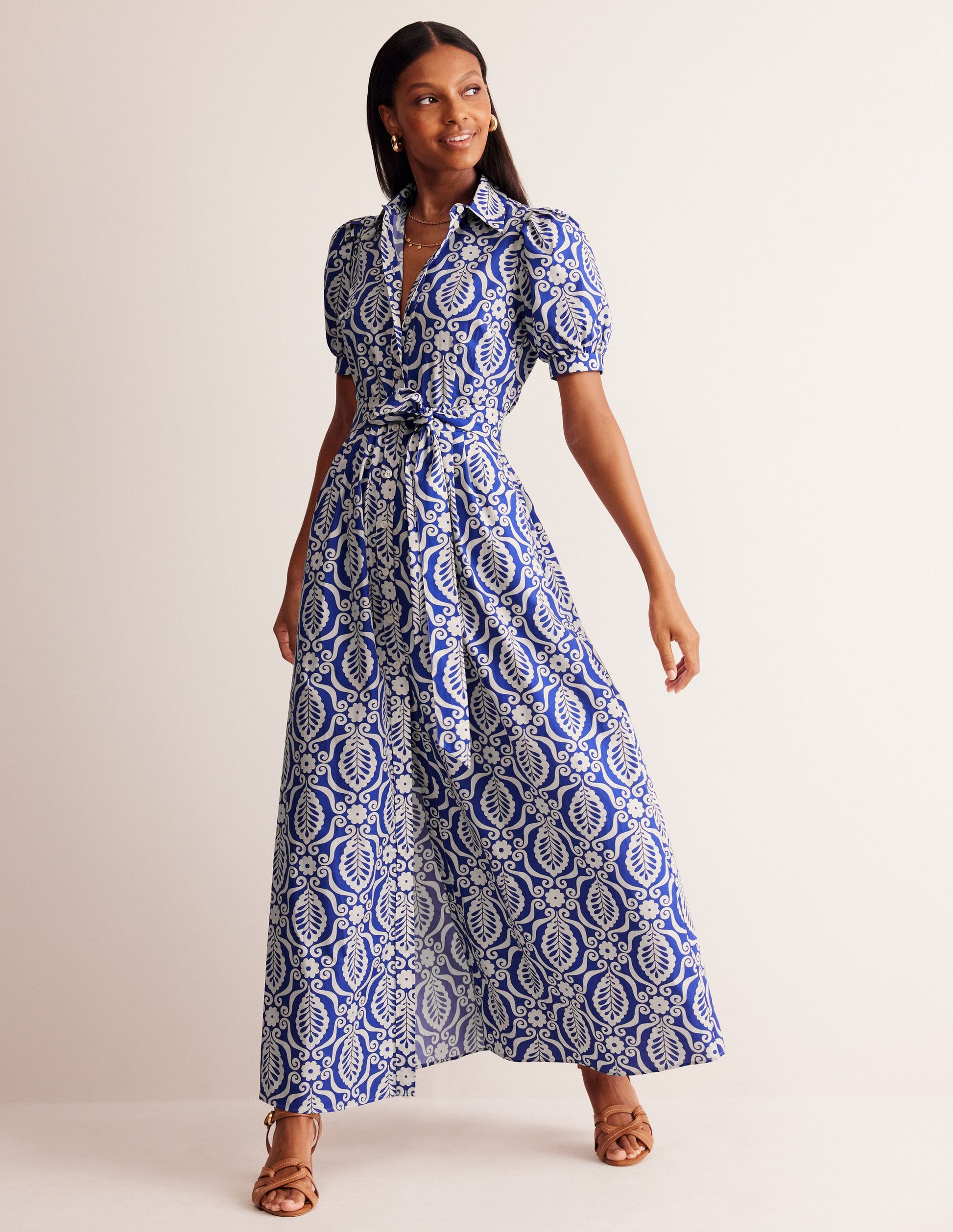 Alexa Maxi Shirt Dress-Mazarine Blue, Foliage Stamp-4